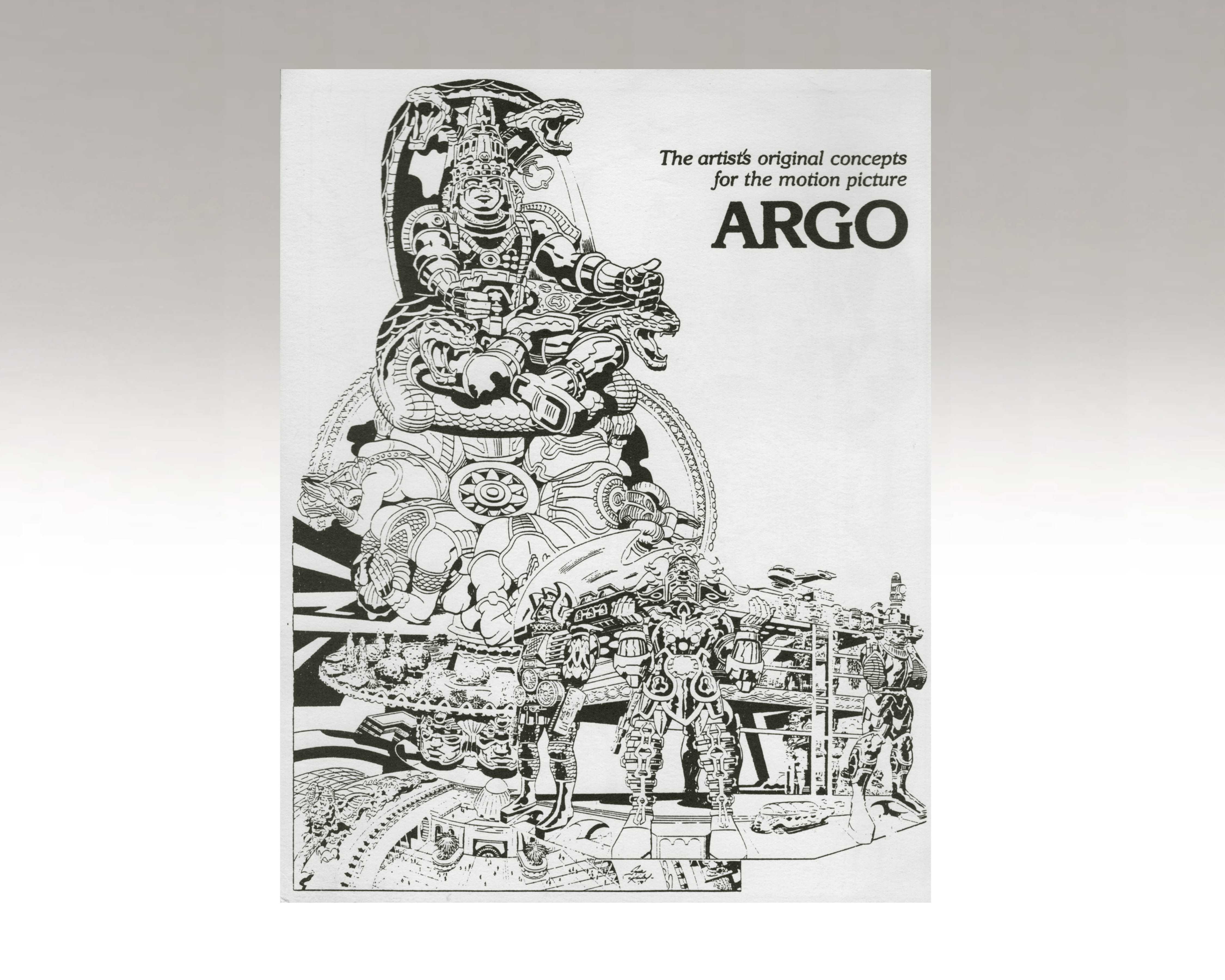 A black and white poster for Argo with a half robotic man atop a throne of snakes